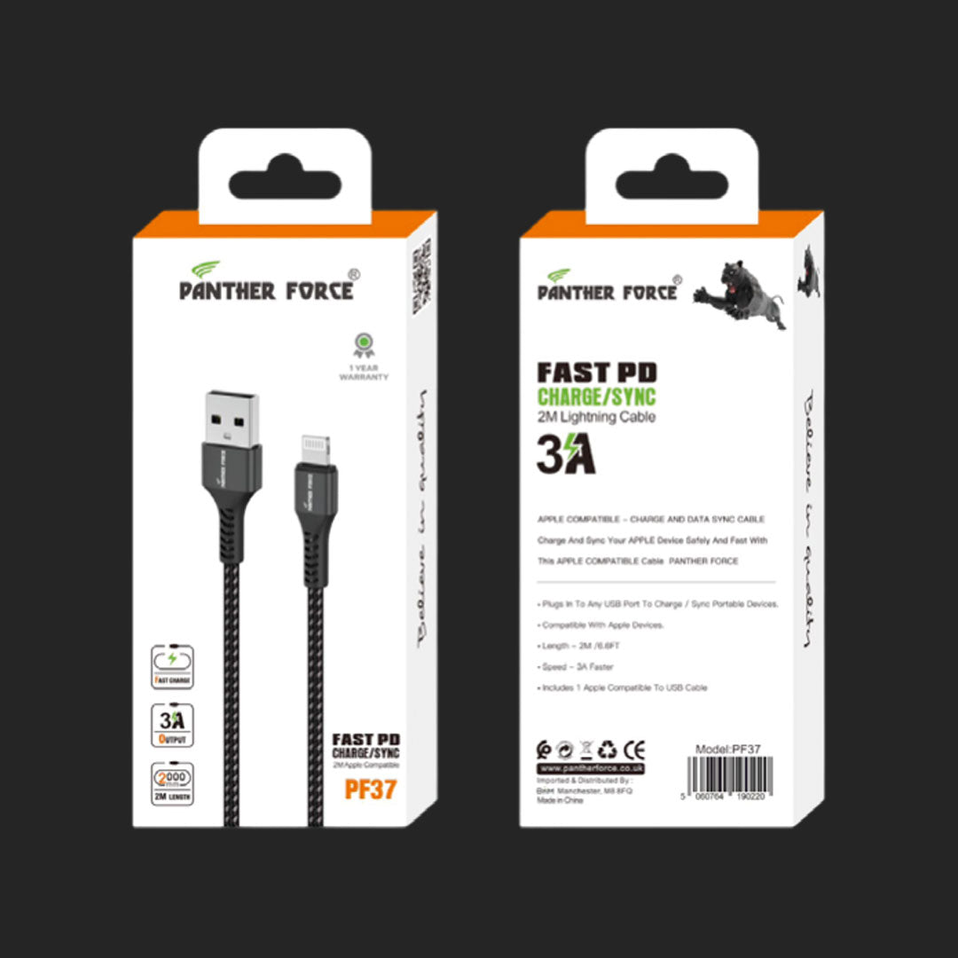 PF37- Panther Force 3A 2M Cable for iPhone - Seamless Connectivity, Uninterrupted Power PF37- Panther Force 3A 2M Cable for iPhone - Seamless Connectivity, Uninterrupted Power